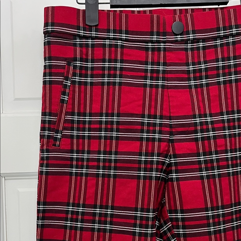 Zara Red and Black Tartan Plaid Pull On Skinny Pants - Size Large - Picture 2 of 15